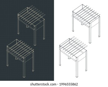 Stylized vector illustration of isometric drawings of grill and barbecue