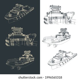 Stylized vector illustration of isometric drawings of anchor handling tug