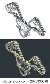 Stylized vector illustration of isometric drawings of chain drive and gears