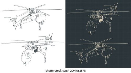 Stylized vector illustration of isometric drawings of crane helicopter