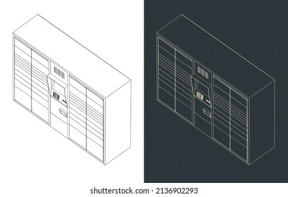 Ilustración vectorial estilizada de dibujos isométricos de terminal de parcelas automatizadas