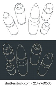 Stylized vector illustration of isometric drawings of bullets of various calibers