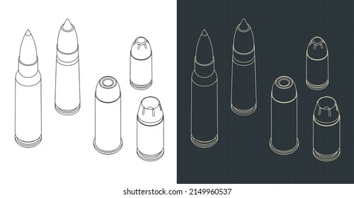 Stilisierte Vektorgrafik isometrischer Zeichnungen von Kugeln verschiedener Kaliber