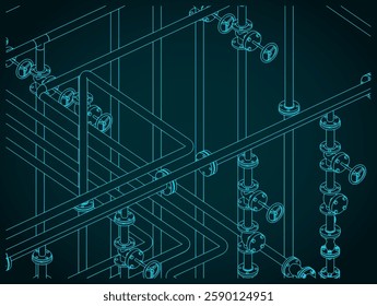 Stylized vector illustration of isometric drawings of industrial pipes and valves