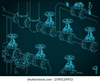Stylized vector illustration of isometric drawings of industrial valves and pipes