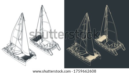 Stylized vector illustration of isometric drawings of a sailing catamaran