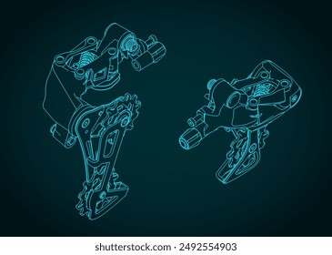 Stylized vector illustration of isometric technical drawings of a bicycle rear derailleur