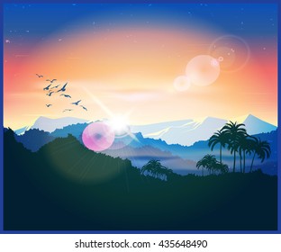 Stylized vector illustration jungle landscape in the sun
