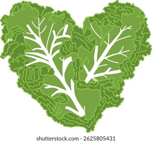 A stylized vector illustration of a kale leaf with intricate, curly edges and a white central vein, displayed on a white background