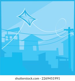 stylized vector illustration of kite (stingray) in urban sky with power cables, buildings and houses in blue tone