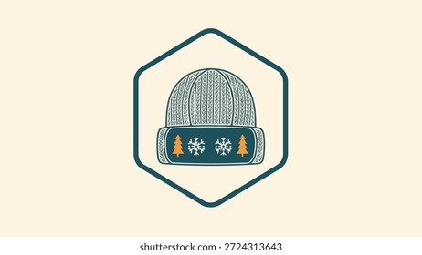 A stylized vector illustration of a knitted winter beanie hat with snowflake and Christmas tree motifs, inside a hexagonal frame.