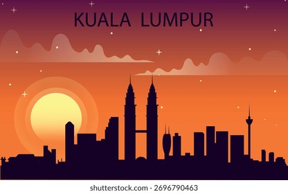 Stilisierte Vektorgrafik der Skyline von Kuala Lumpur bei hellem Sonnenuntergang.