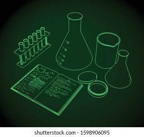 Stylized vector illustration of laboratory equipment, test tubes, flasks and workbook.