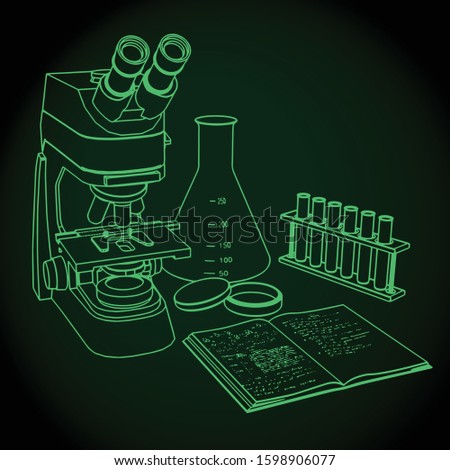 Stylized vector illustration of laboratory equipment. Microscope, test tubes, flasks and workbook.