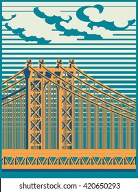 Stylized vector illustration of a large cable-stayed bridge