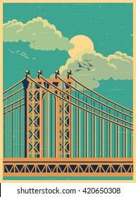 Stylized vector illustration of a large cable-stayed bridge old poster