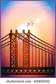 Stylized vector illustration of a large cable-stayed bridge in the sun