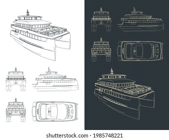 Stylized vector illustration of large catamaran isometric drawings