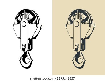 Stylized vector illustration of a large construction crane hook close up