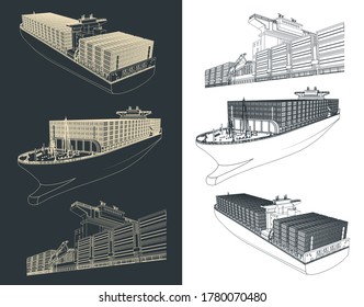 Stylized vector illustration of a large container ship drawings