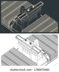 Stylized vector illustration of a large container ship isometric close-up drawings