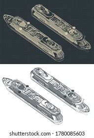 Ilustración vectorial estilizada de dibujos isométricos de una gran nave de crucero