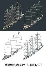 Stylized vector illustration of a large modern three-masted sailing ship isometric drawings