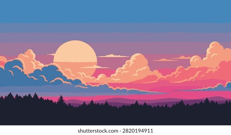 Stylized vector illustration of a large round sun setting behind layered pink and orange clouds over a dark silhouetted coniferous forest landscape under a blue sky at dusk.