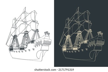 Stylized vector illustration of a large sailing ship from the 16th-18th centuries