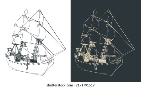 Stylized vector illustration of a large sailing ship from the 16th-18th centuries