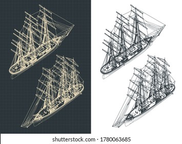 Ilustración vectorial estilizada de grandes dibujos isométricos de un barco de vela de tres mástiles con las velas hacia abajo
