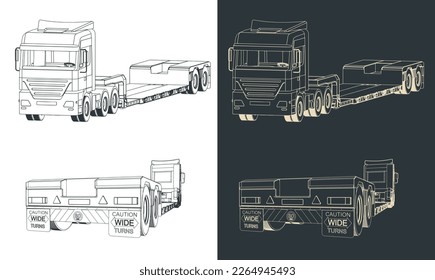Stylized vector illustration of a large truck with low bed trailer