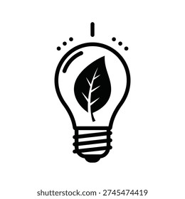 Stylized vector illustration of a lightbulb with a leaf inside, representing green innovation and sustainable ideas. Clean, minimalist design with ample copy space. Ideal for environmental tech, sustainability initiatives, or new energy solutions.