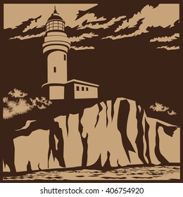 Stylized vector illustration of a lighthouse on a cliff