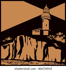 Stylized vector illustration of a lighthouse on a cliff