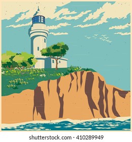 Stylized vector illustration of a lighthouse on a cliff