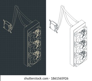 Stylized vector illustration of a liquid cooling system isometric drawings for computer