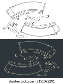 Ilustración vectorial estilizada de revistas y balas para armas de asalto