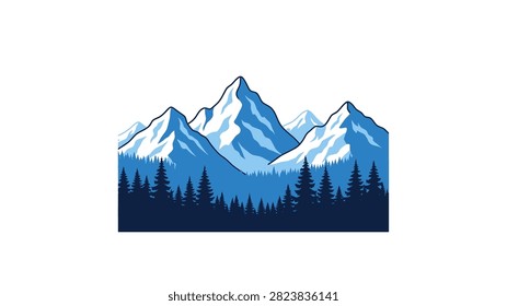 A stylized vector illustration of a majestic mountain range with snow-covered peaks under a clear sky. A dense silhouette of a pine forest sits at the base of the mountains, creating a layered landscape effect. The artwork uses a cool blue and white color scheme, perfect for outdoor, adventure, or nature-themed designs.