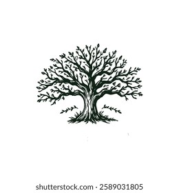 Stylized Vector Illustration of a Majestic Tree with Intricate Branches and Leaves Design