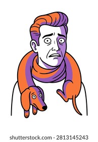 A stylized vector illustration of a man looking confused with a long dachshund dog wrapped around his neck like a scarf
