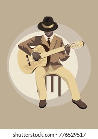 Stylized vector illustration of a man playing acoustic guitar. Sepia color background.