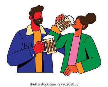 A stylized vector illustration of a man and a woman cheerfully drinking beer from large glass mugs, featuring bold outlines and vibrant colors.