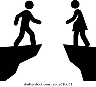 Stylized vector illustration of a man and woman on separate cliff edges symbolizing a disconnect or relationship hurdle.