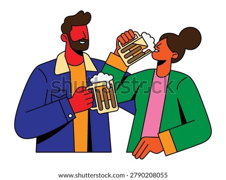 A stylized vector illustration of a man and a woman cheerfully drinking beer from large glass mugs, featuring bold outlines and vibrant colors.