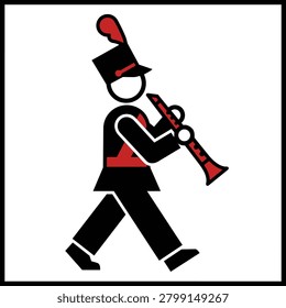 A stylized vector illustration of a marching band musician wearing a uniform and hat, playing a clarinet while walking, isolated on a white background.
