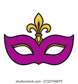 Una Ilustración vectorial estilizada de una máscara de Mardi Gras con un prominente emblema de flor de lis dorada y un rico tono púrpura, sobre un fondo blanco limpio, perfecto para Elementos de diseño festivos.