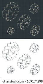 Stylized vector illustration of Mecanum wheel isometric drawings mini Set