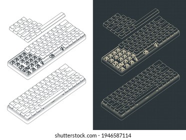 Ilustración vectorial estilizada de dibujos isométricos mecánicos del teclado del 60%