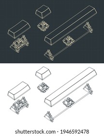 Stylized vector illustration of a mechanical keyboard part. Switches with removed keycaps and stabilizers drawing